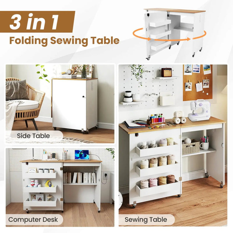 Folding Sewing Table with Charging Station and Casters by DirectDeals