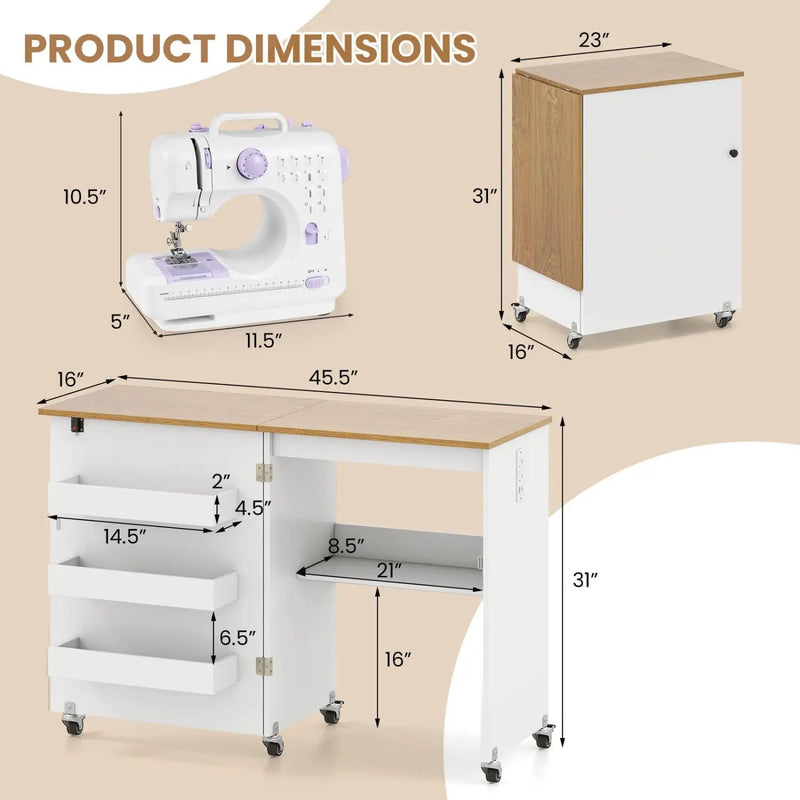 Folding Sewing Table with Charging Station and Casters by DirectDeals