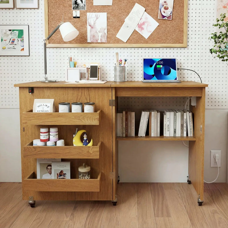 Folding Sewing Table with Charging Station and Casters by DirectDeals