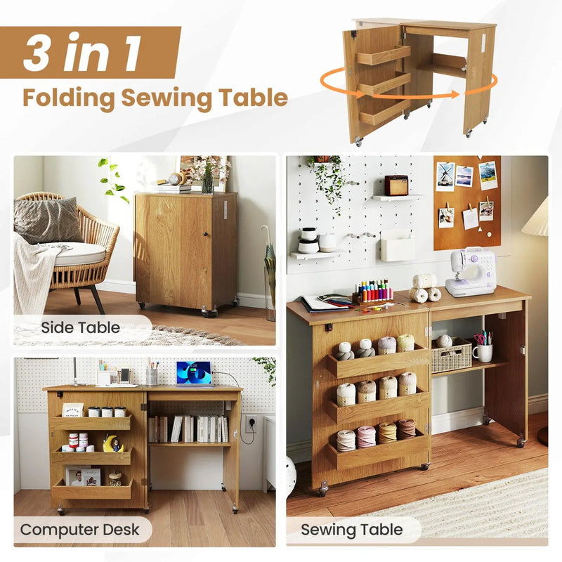 Folding Sewing Table with Charging Station and Casters by DirectDeals