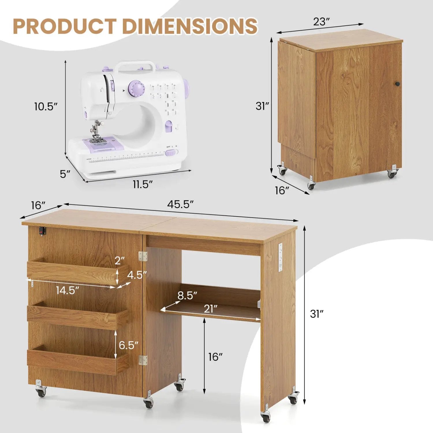 Folding Sewing Table with Charging Station and Casters by DirectDeals