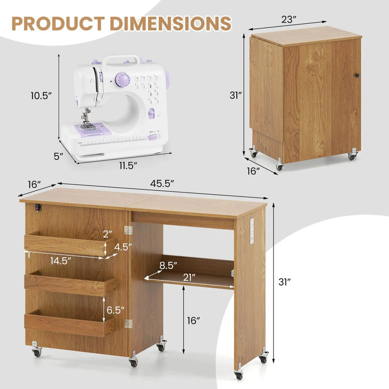 Folding Sewing Table with Charging Station and Casters by DirectDeals
