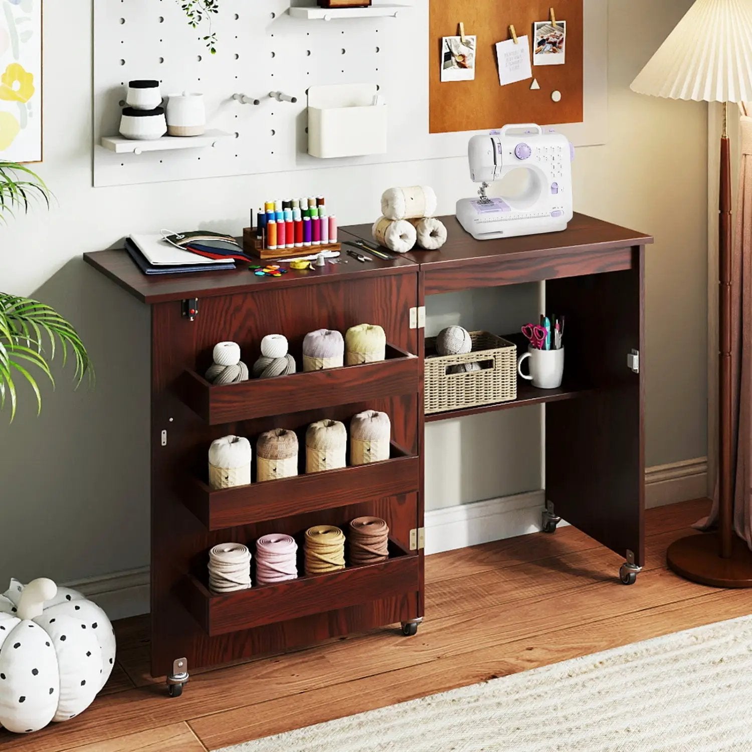 Folding Sewing Table with Charging Station and Casters by DirectDeals