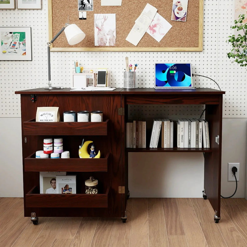 Folding Sewing Table with Charging Station and Casters by DirectDeals