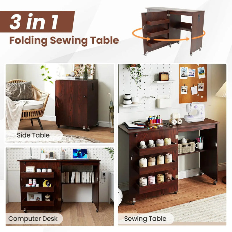 Folding Sewing Table with Charging Station and Casters by DirectDeals