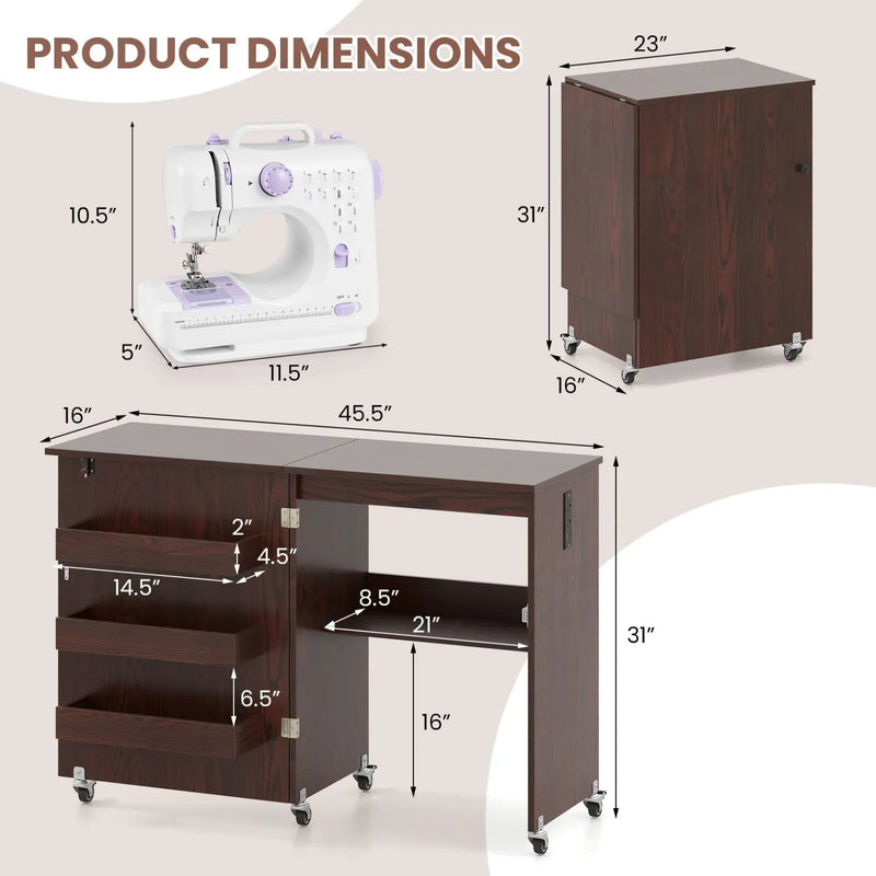 Folding Sewing Table with Charging Station and Casters by DirectDeals