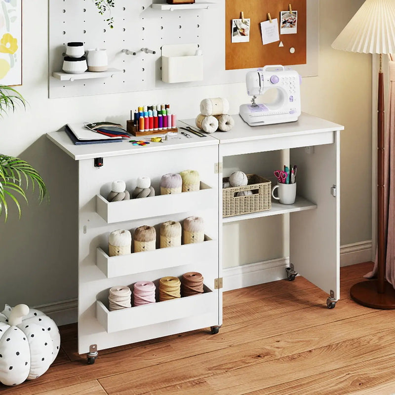 Folding Sewing Table with Charging Station and Casters by DirectDeals