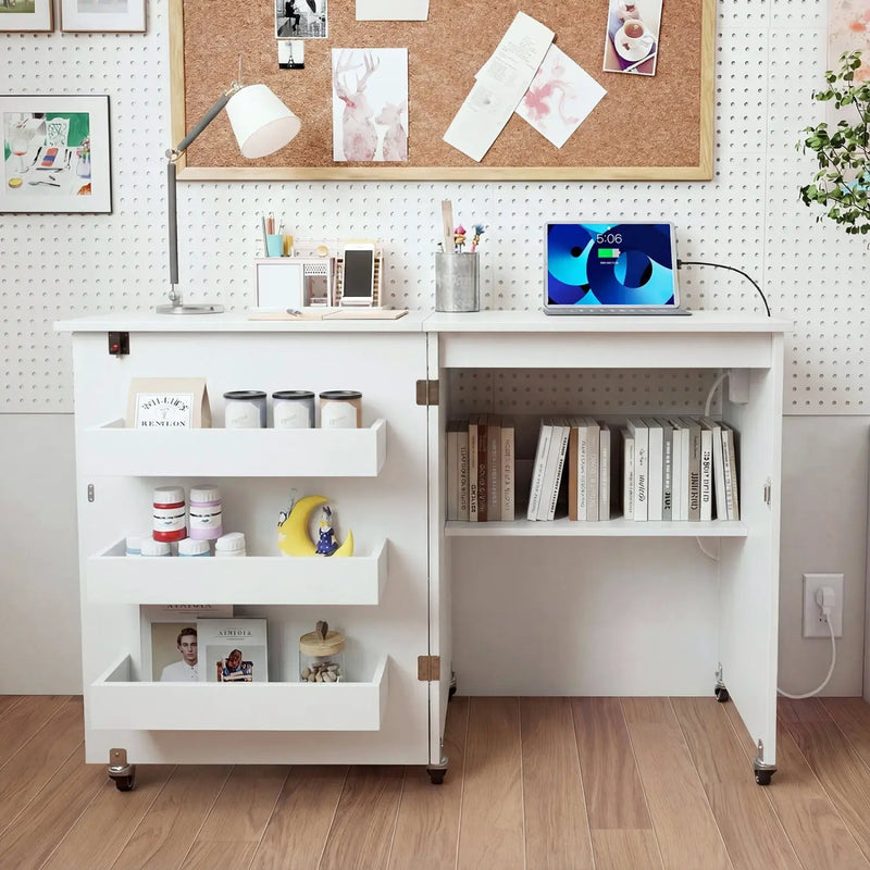Folding Sewing Table with Charging Station and Casters by DirectDeals