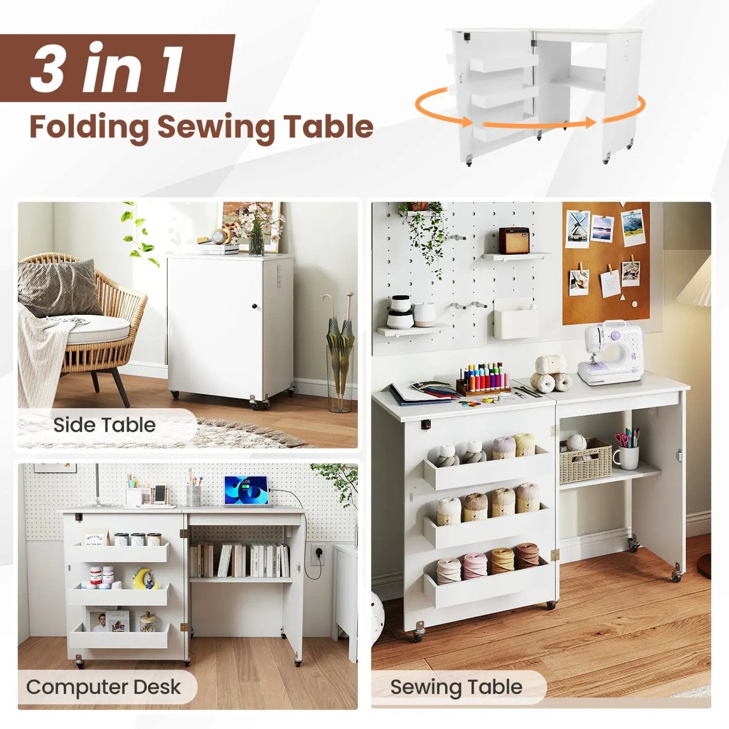Folding Sewing Table with Charging Station and Casters by DirectDeals