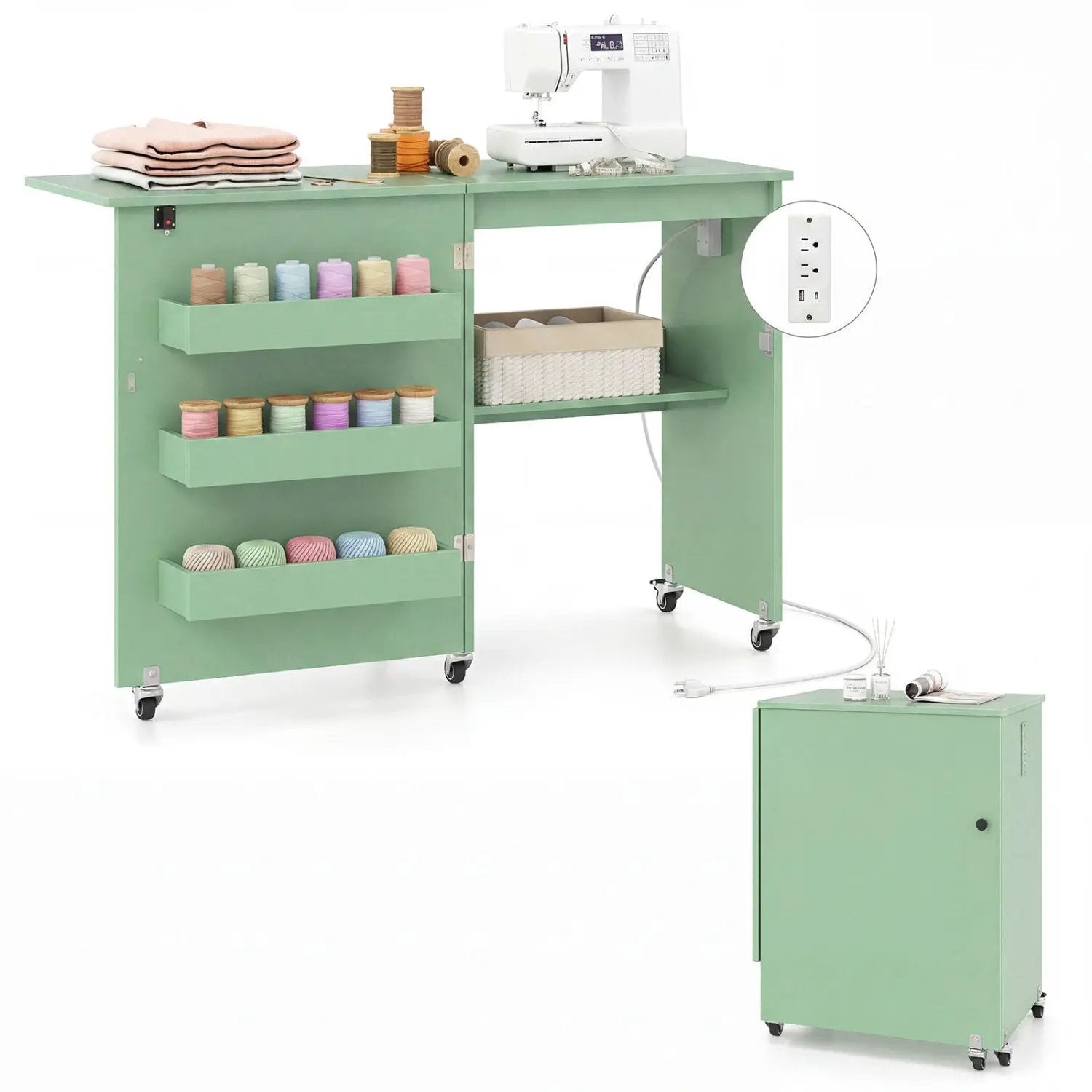 Folding Sewing Table with Charging Station and Casters by DirectDeals