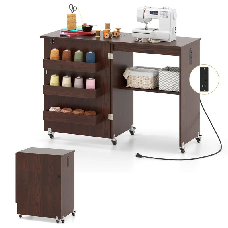 Folding Sewing Table with Charging Station and Casters by DirectDeals