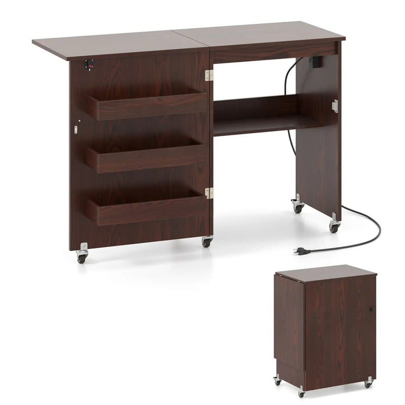 Folding Sewing Table with Charging Station and Casters by DirectDeals