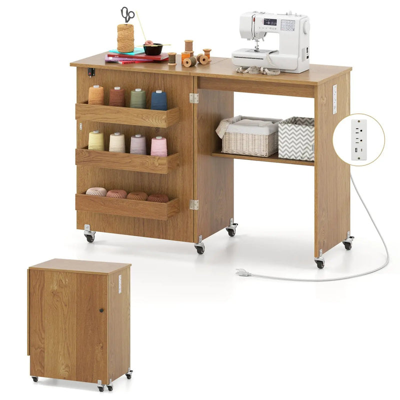 Folding Sewing Table with Charging Station and Casters by DirectDeals