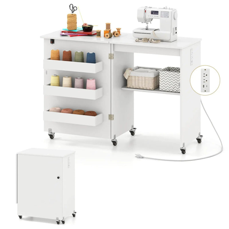 Folding Sewing Table with Charging Station and Casters by DirectDeals