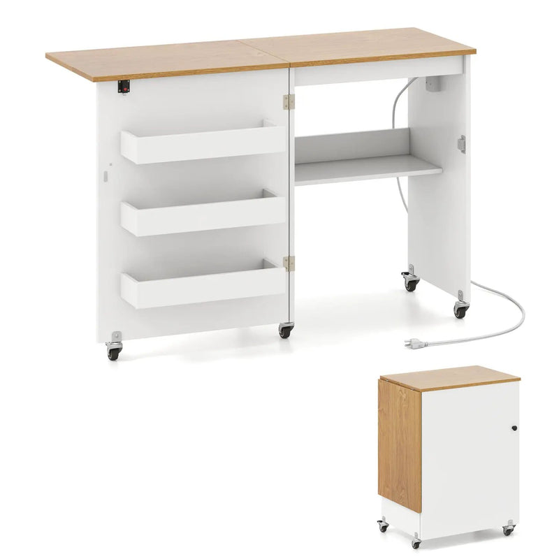 Folding Sewing Table with Charging Station and Casters by DirectDeals