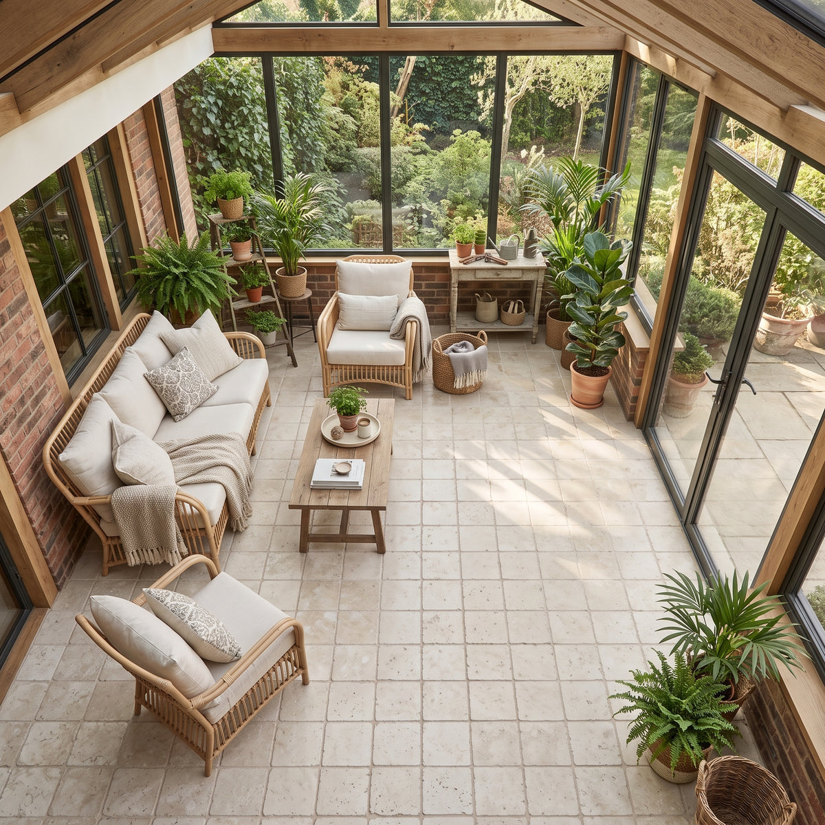 overview of  A bright sunroom or conservatory furnished with light beige woven rattan seating, neutral cushions, a wooden coffee table, and numerous potted green plants on a light stone tile floor.