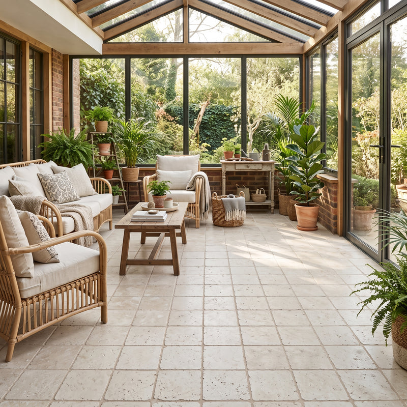 A bright sunroom or conservatory furnished with light beige woven rattan seating, neutral cushions, a wooden coffee table, and numerous potted green plants on a light stone tile floor.
