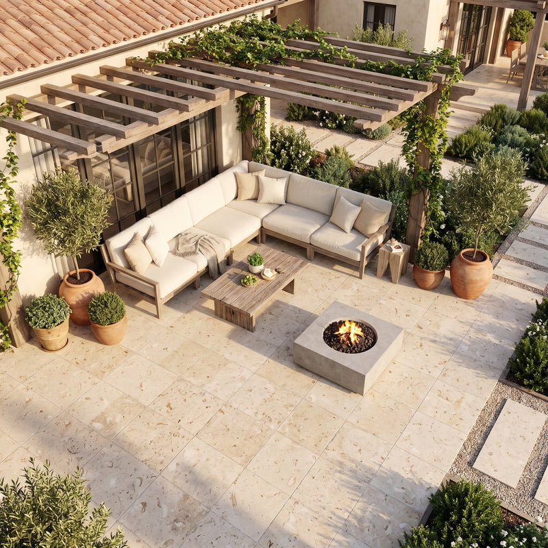 An outdoor patio scene with a light beige sectional sofa, matching coffee table, and a square fire pit on a stone tile patio. The area is styled with potted plants, a wooden pergola, and a house exterior in the background.