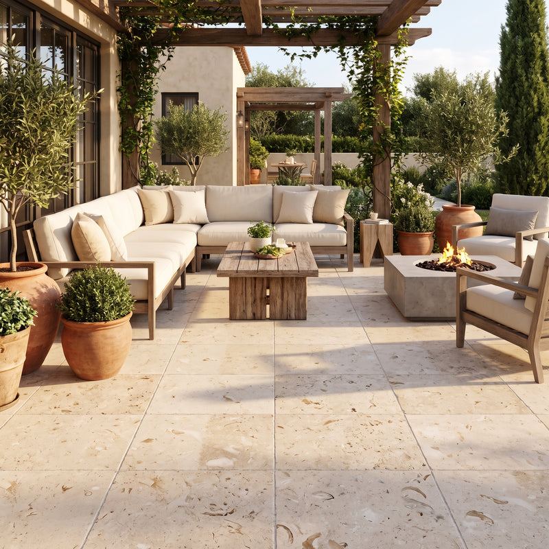 A luxury outdoor patio featuring light beige stone pavers, a large U-shaped sectional sofa with beige cushions, a wooden coffee table, a concrete fire pit with a visible flame, and a pergola with climbing greenery overhead.