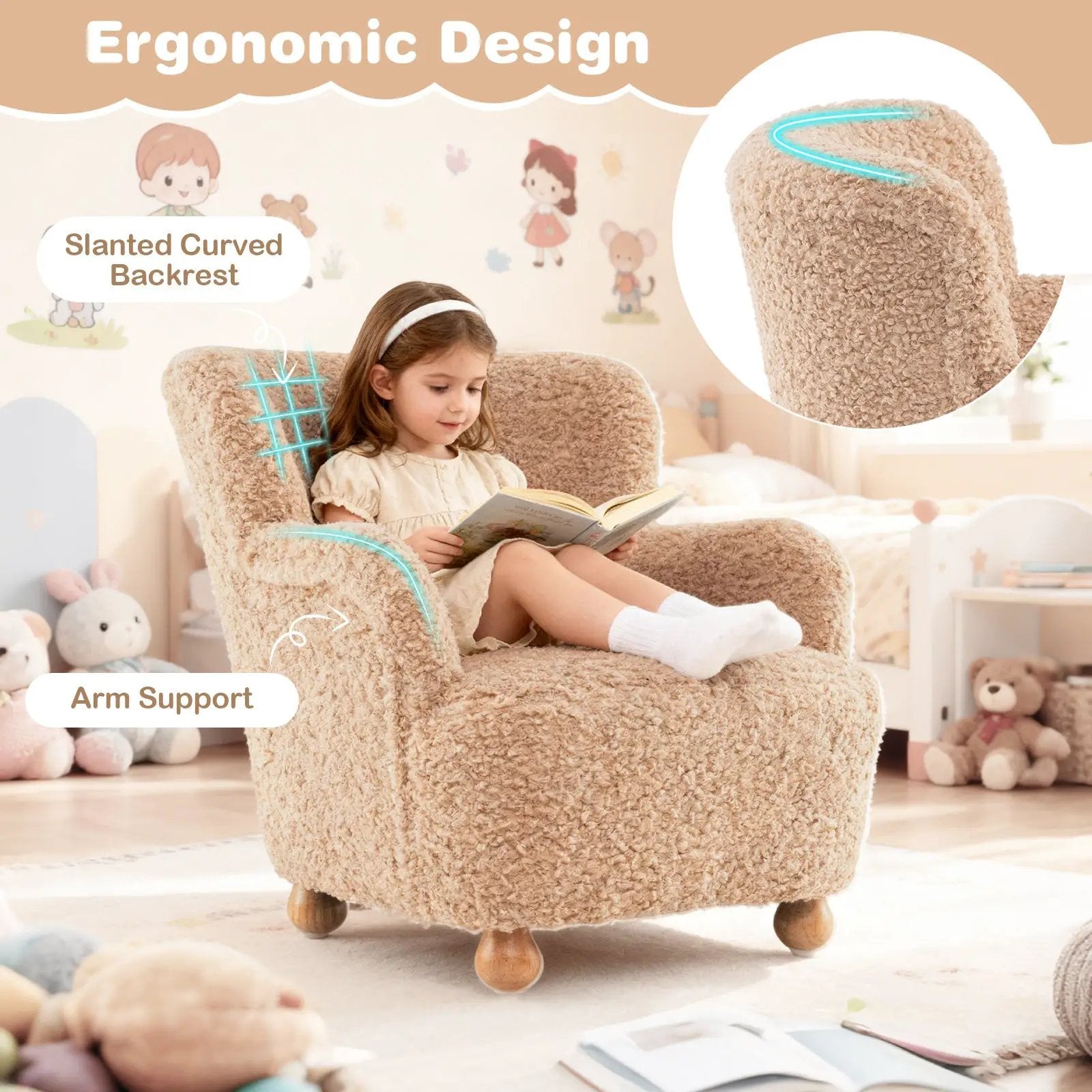 Sherpa Kids Sofa Comfy Toddler Armchair with Solid Rubber Wood Legs by DirectDeals