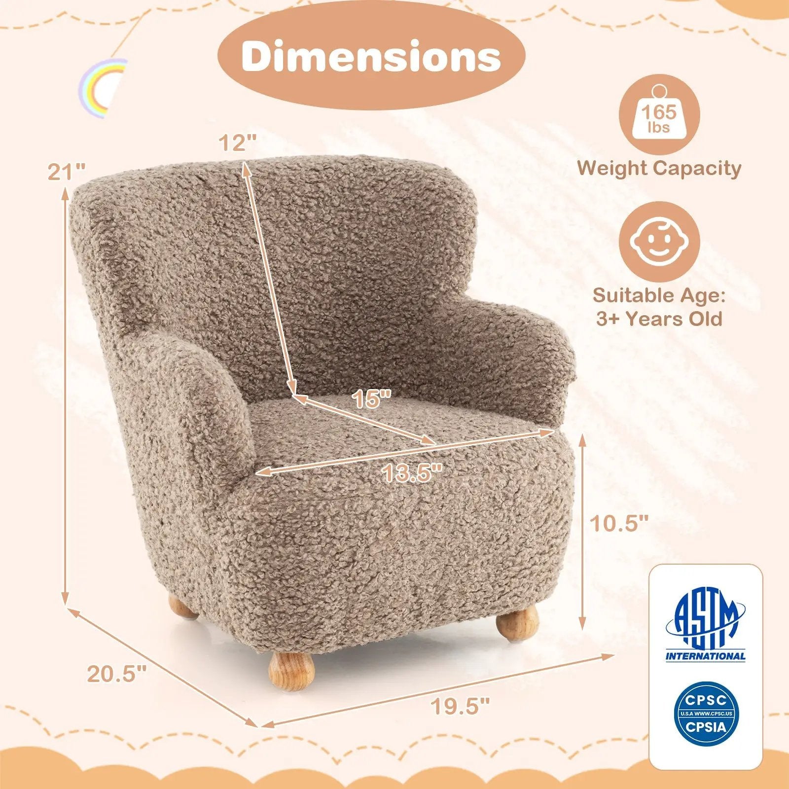 Sherpa Kids Sofa Comfy Toddler Armchair with Solid Rubber Wood Legs by DirectDeals