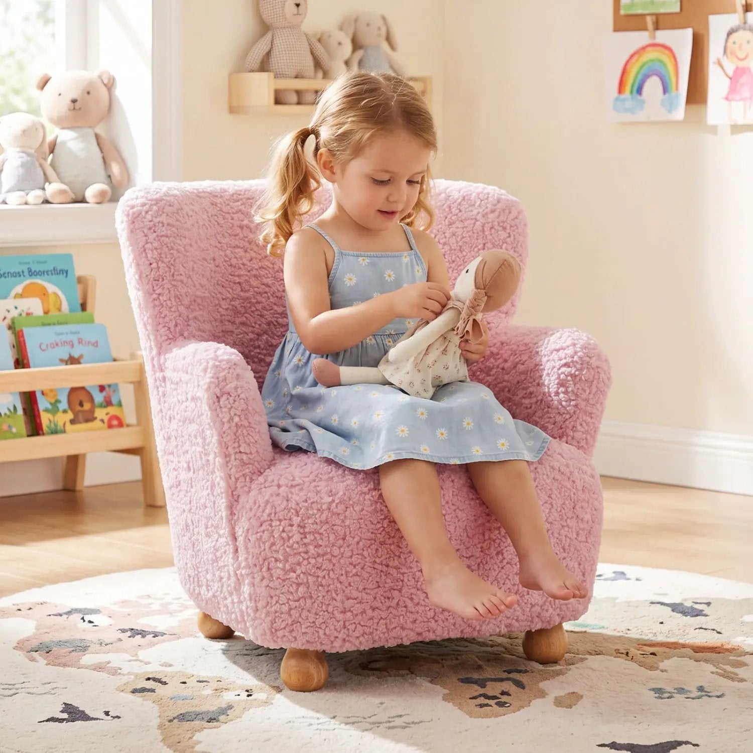 Kids Sherpa Armchair with Solid Wood Legs - Light Pink by DirectDeals