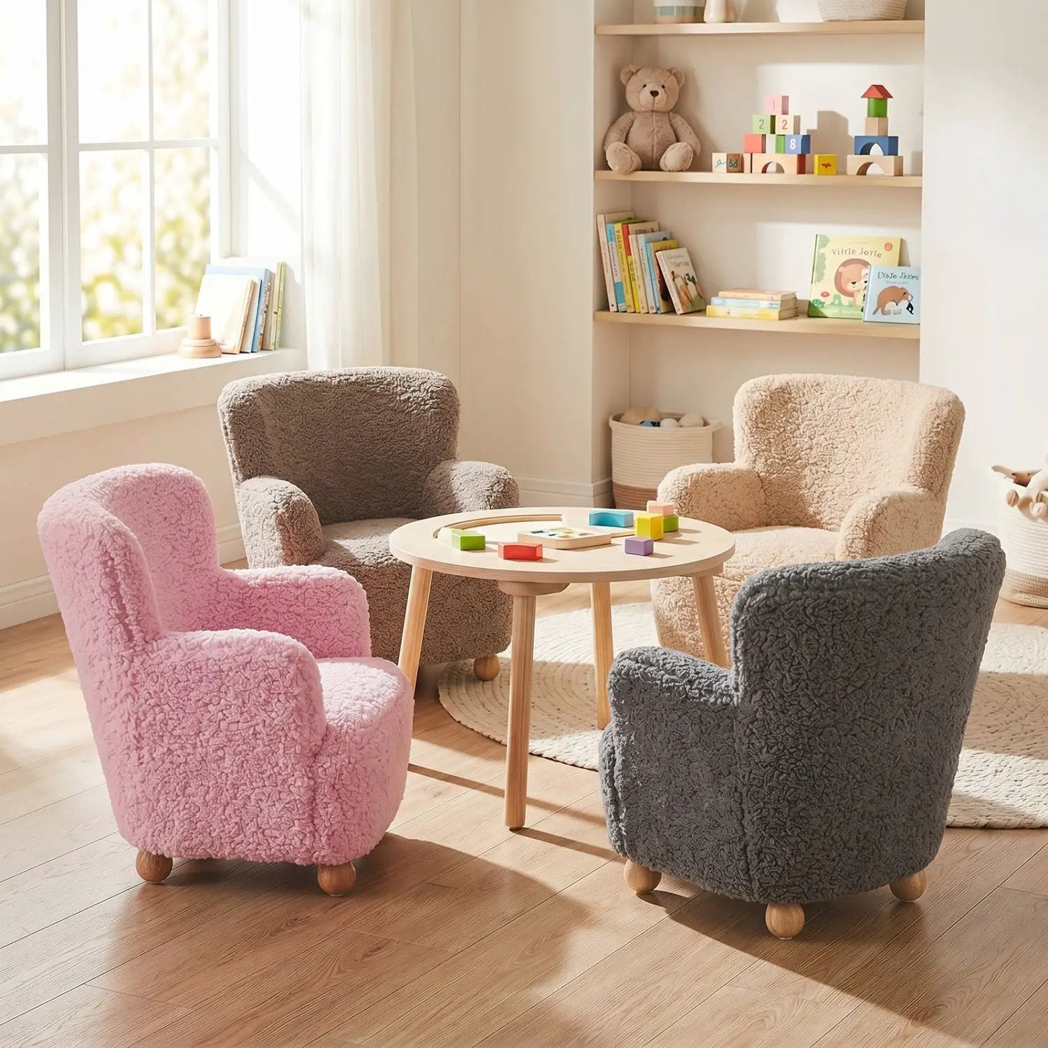 Kids Sherpa Armchair with Solid Wood Legs - Light Pink by DirectDeals