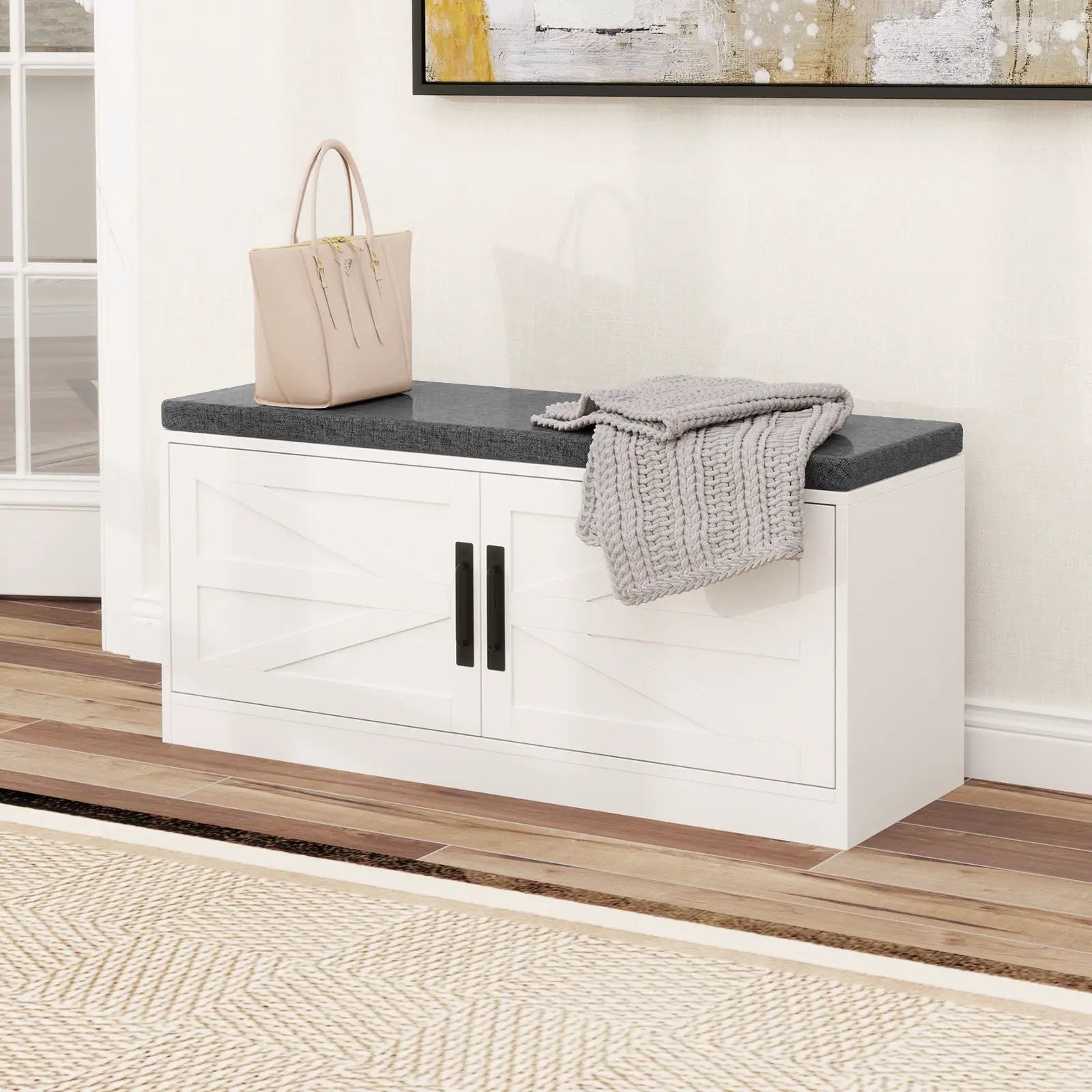 Shoe Bench with Cushion Farmhouse Shoe Rack Organizer with 2 Barn Doors-White by DirectDeals