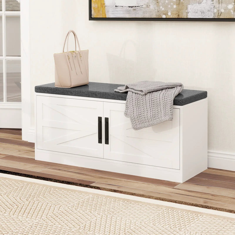 Shoe Bench with Cushion Farmhouse Shoe Rack Organizer with 2 Barn Doors-White by DirectDeals