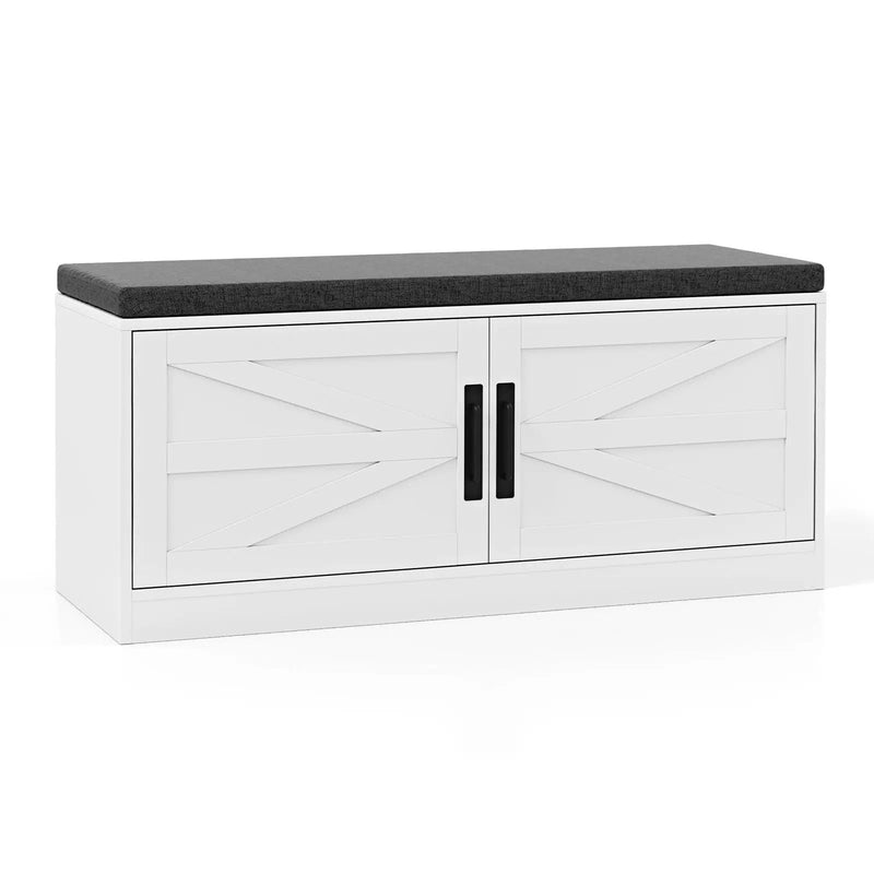 Shoe Bench with Cushion Farmhouse Shoe Rack Organizer with 2 Barn Doors-White by DirectDeals