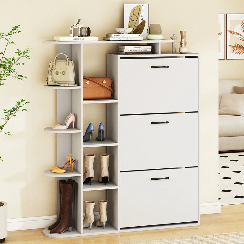 Shoe Cabinet with Open Shelves Modern Shoe Organizer with 3 Flip Drawers by DirectDeals
