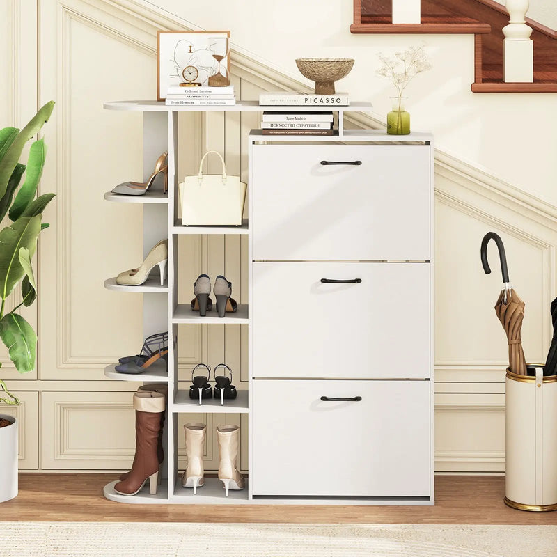Shoe Cabinet with Open Shelves Modern Shoe Organizer with 3 Flip Drawers by DirectDeals