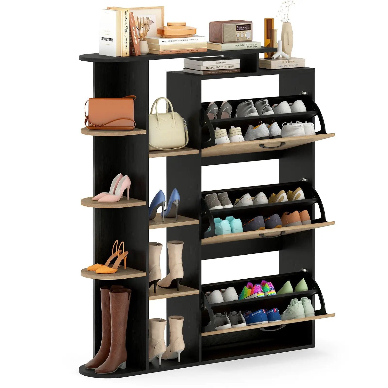 Shoe Cabinet with Open Shelves Modern Shoe Organizer with 3 Flip Drawers by DirectDeals