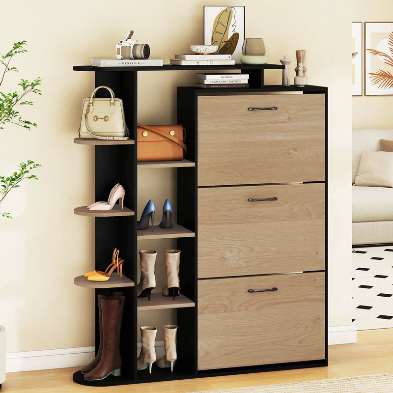 Shoe Cabinet with Open Shelves Modern Shoe Organizer with 3 Flip Drawers by DirectDeals