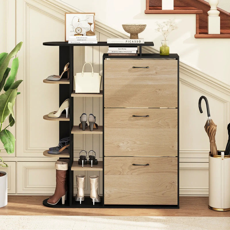 Shoe Cabinet with Open Shelves Modern Shoe Organizer with 3 Flip Drawers by DirectDeals