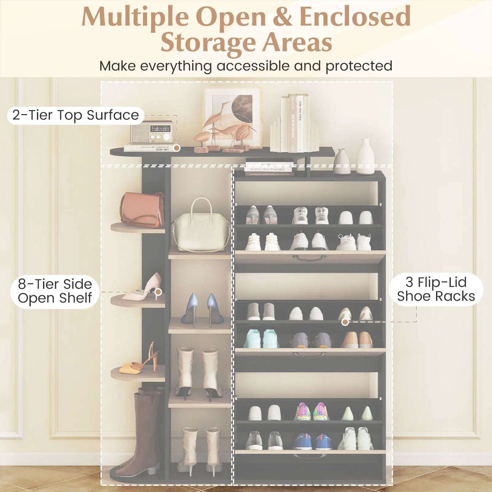 Shoe Cabinet with Open Shelves Modern Shoe Organizer with 3 Flip Drawers by DirectDeals