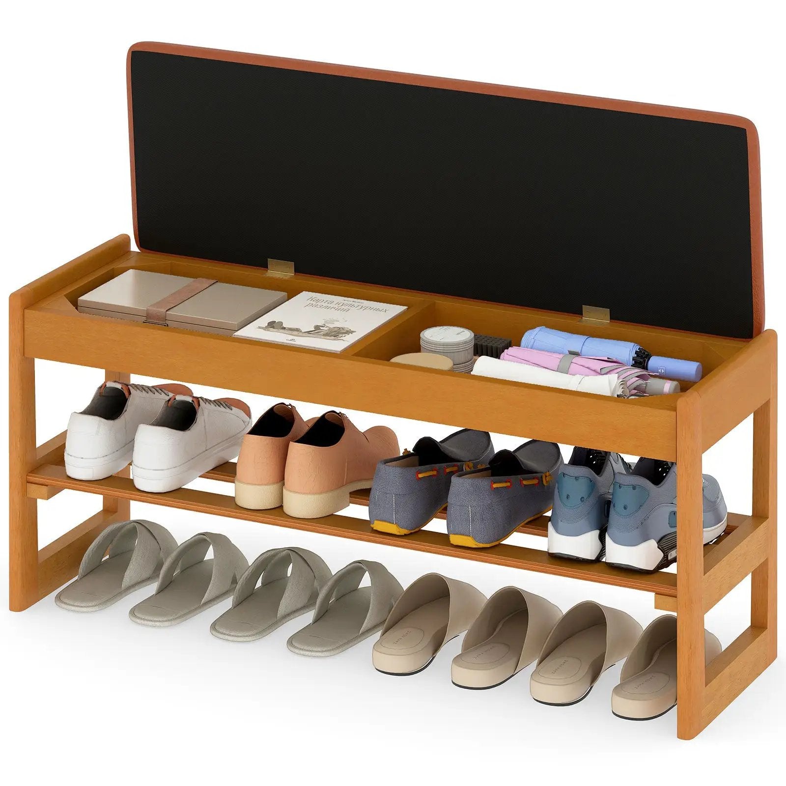 Shoe Rack Bench with Storage 2-Tier Rubberwood Entryway Bench with Flip-Open Storage by DirectDeals