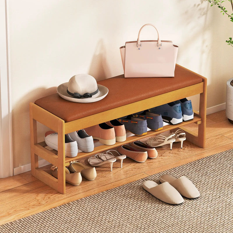 Shoe Rack Bench with Storage 2-Tier Rubberwood Entryway Bench with Flip-Open Storage by DirectDeals