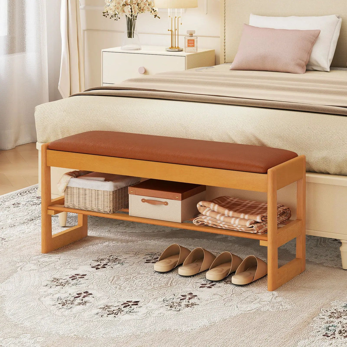 Shoe Rack Bench with Storage 2-Tier Rubberwood Entryway Bench with Flip-Open Storage by DirectDeals