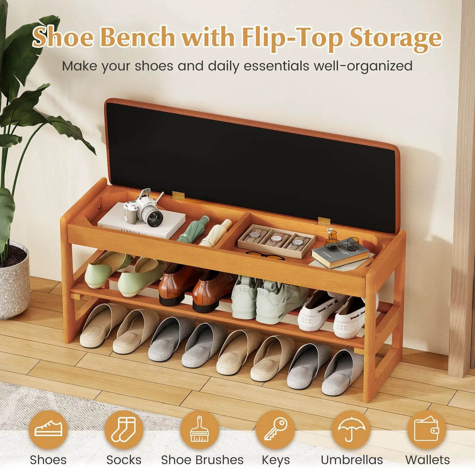 Shoe Rack Bench with Storage 2-Tier Rubberwood Entryway Bench with Flip-Open Storage by DirectDeals
