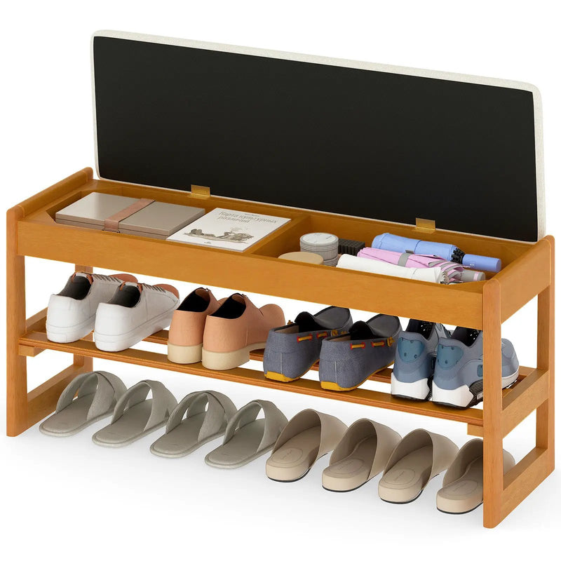 Shoe Rack Bench with Storage 2-Tier Rubberwood Entryway Bench with Flip-Open Storage by DirectDeals