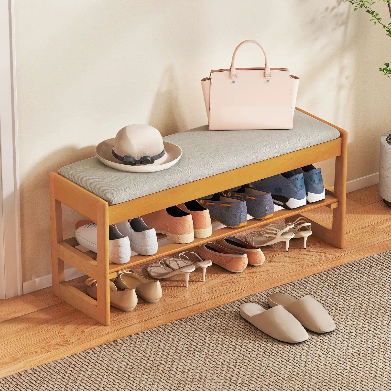 Shoe Rack Bench with Storage 2-Tier Rubberwood Entryway Bench with Flip-Open Storage by DirectDeals