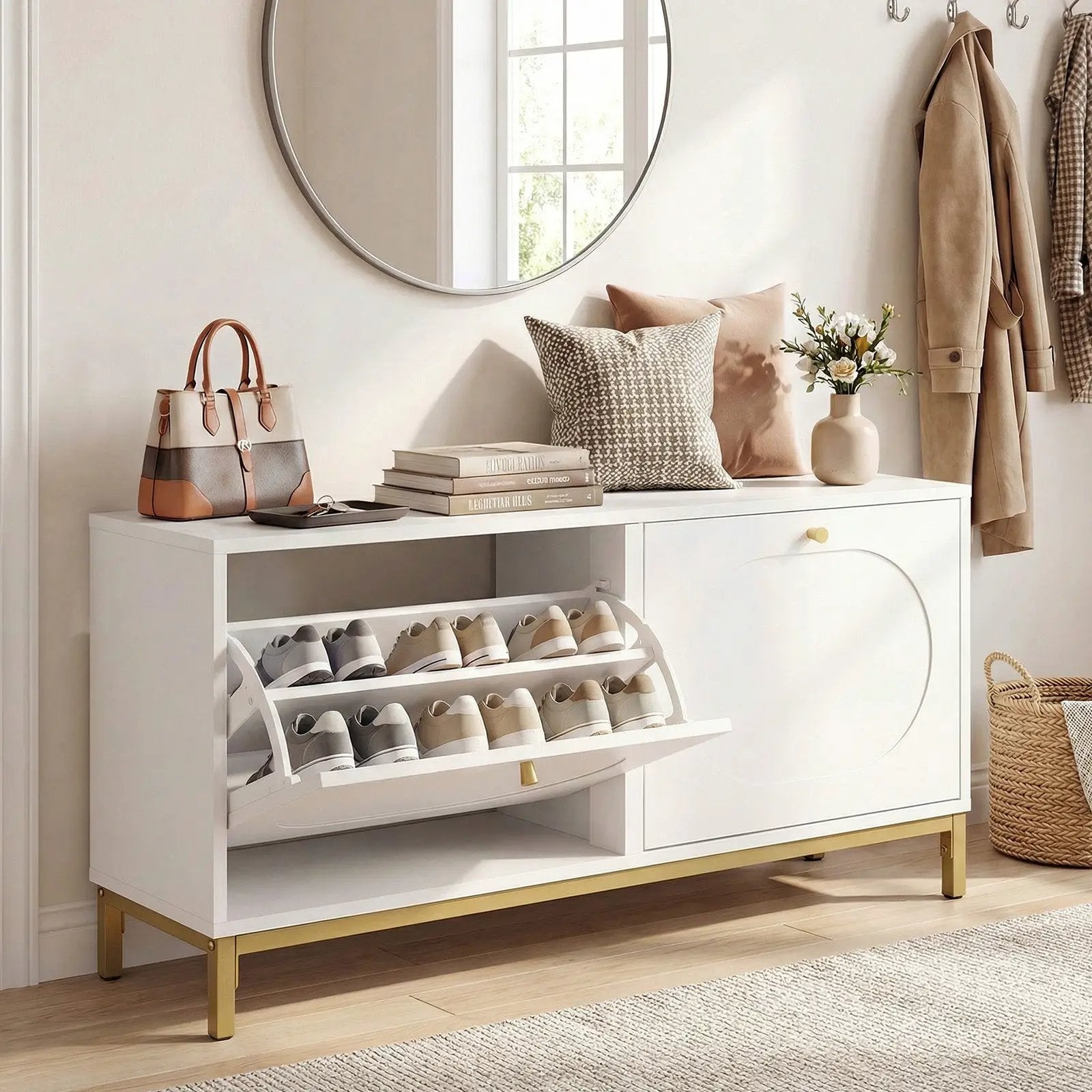 Shoe Storage Bench Narrow Entryway Bench with 2 Flip Drawers Adjustable Shelves-White by DirectDeals