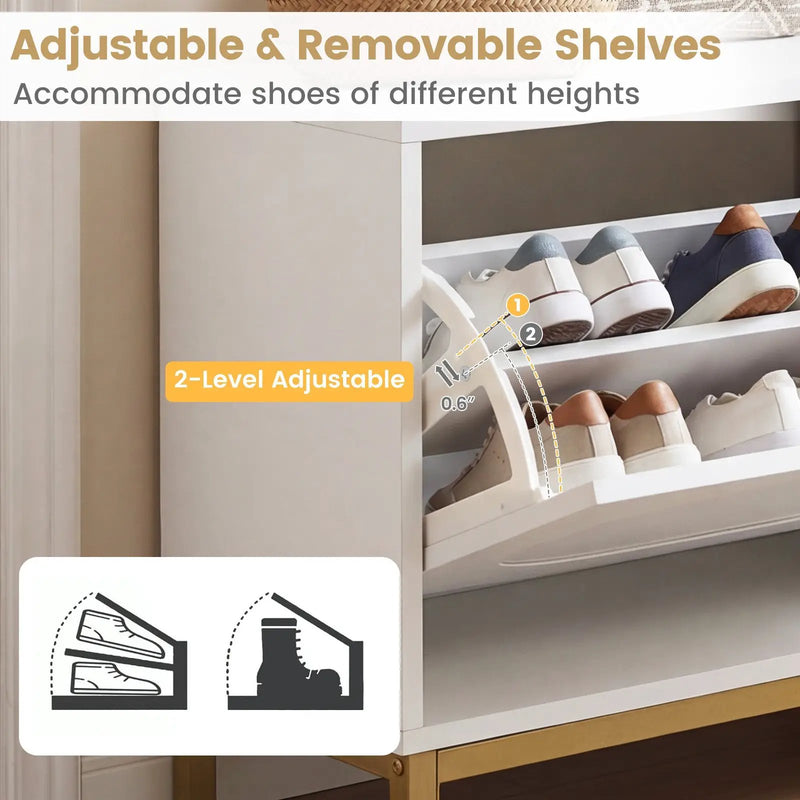 Shoe Storage Bench Narrow Entryway Bench with 2 Flip Drawers Adjustable Shelves-White by DirectDeals
