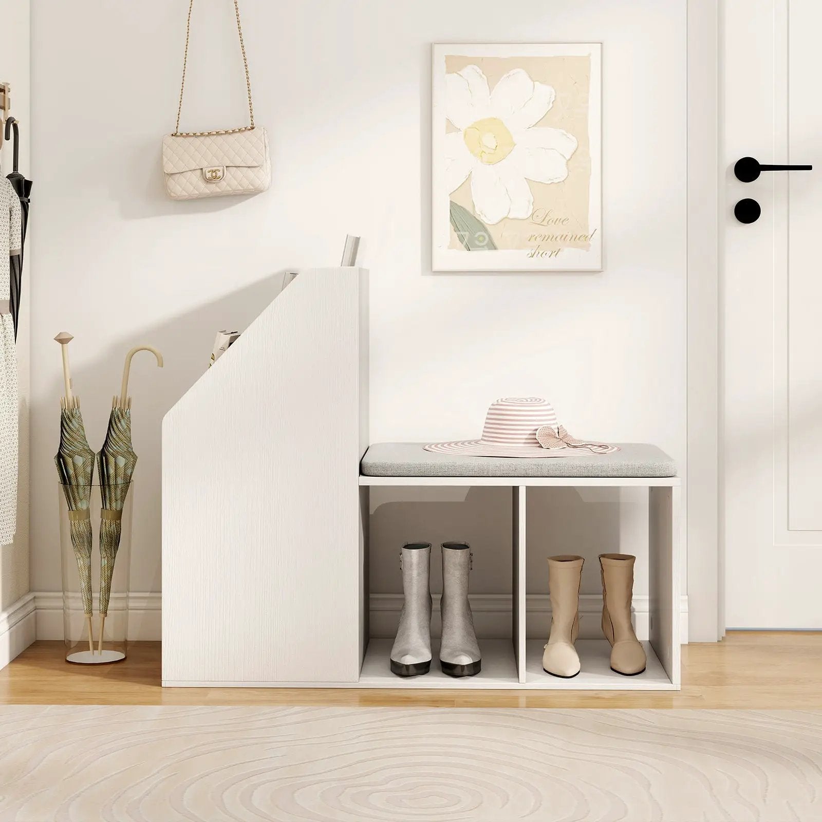 Shoe Storage Bench with Removable Seat Cushion and 6 Storage Compartments-White by DirectDeals