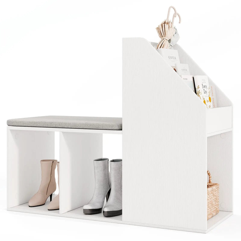 Shoe Storage Bench with Removable Seat Cushion and 6 Storage Compartments-White by DirectDeals
