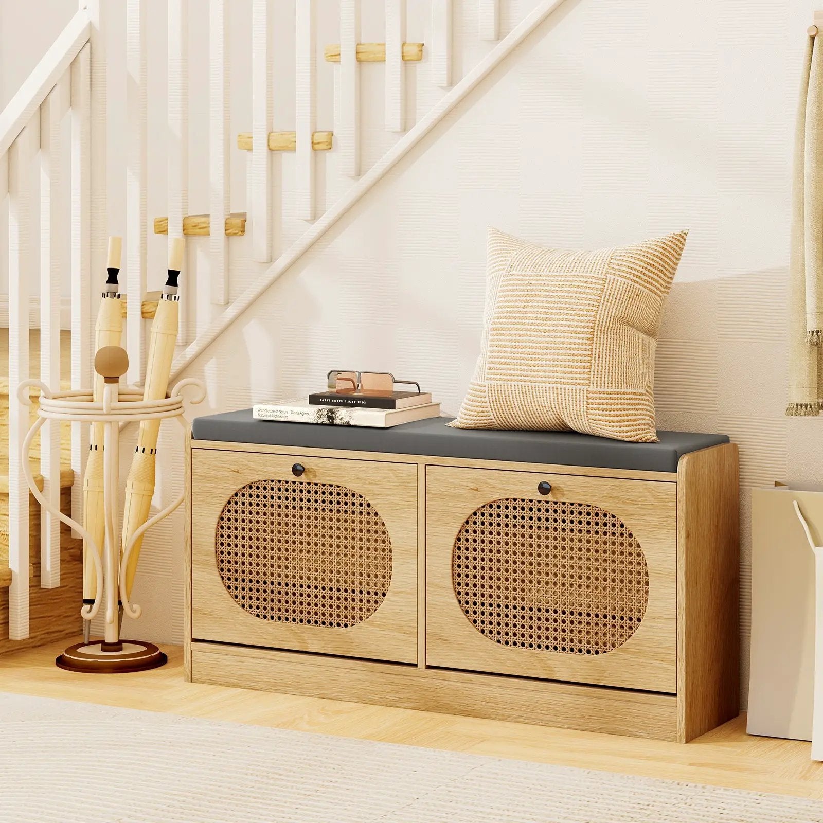 Shoe Storage Bench with Cushion Entryway Rattan Shoe Bench-Natural by DirectDeals