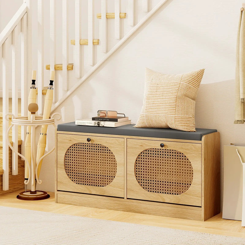 Shoe Storage Bench with Cushion Entryway Rattan Shoe Bench-Natural by DirectDeals