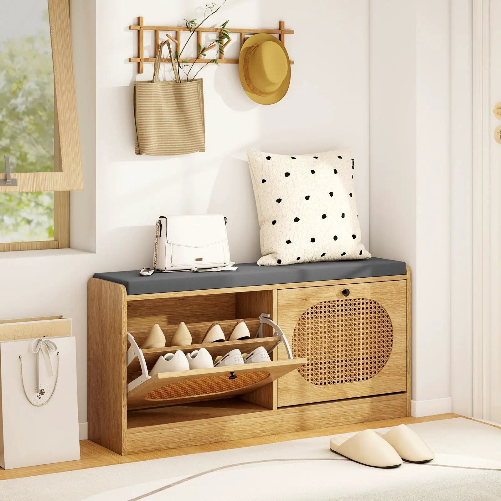 Shoe Storage Bench with Cushion Entryway Rattan Shoe Bench-Natural by DirectDeals