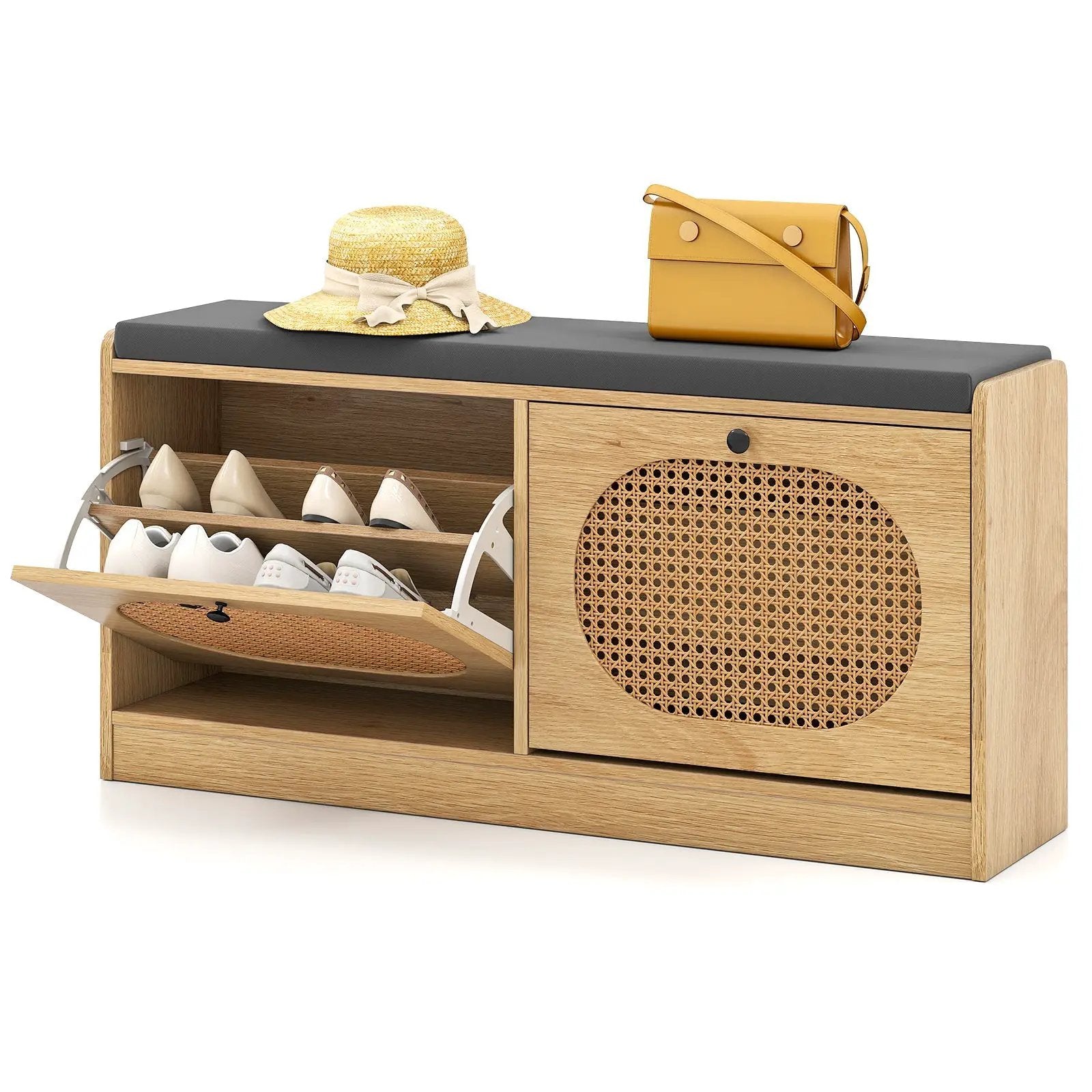 Shoe Storage Bench with Cushion Entryway Rattan Shoe Bench-Natural by DirectDeals
